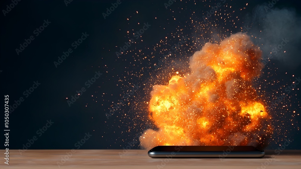 Poster dramatic close up of a smartphone explosion with a fiery burst and glowing sparks against a soft blu