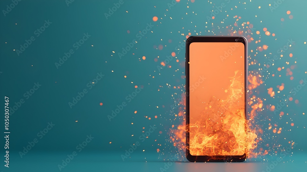 Aufkleber Close up view of a smartphone device consumed by flames surrounded by sparks and a dreamy blurred digital background full of dynamic energy and motion