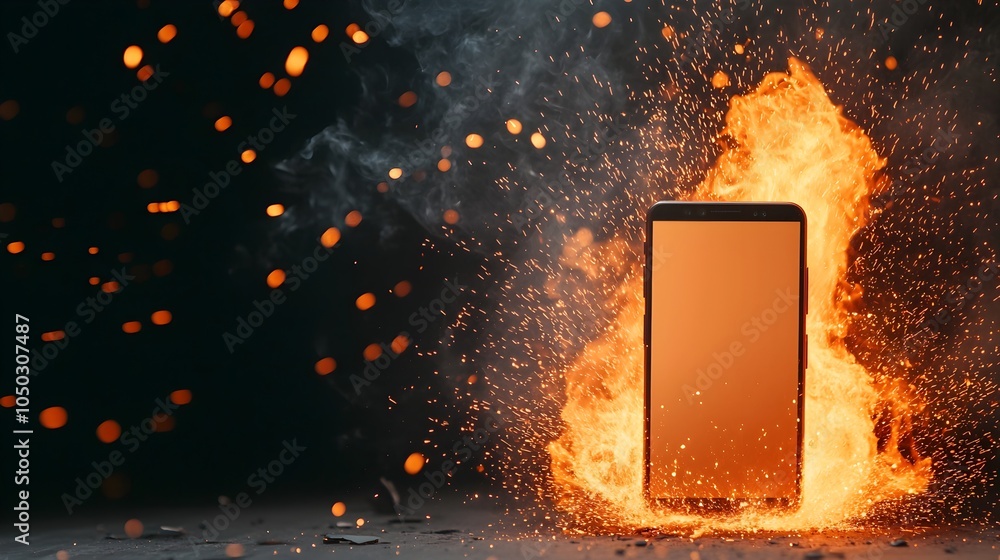 Poster smartphone engulfed in fiery digital explosion with sparks and motion close up view of a smartphone 