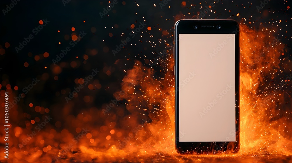 Poster close up of a smartphone completely engulfed in flames with sparks flying in all directions set agai