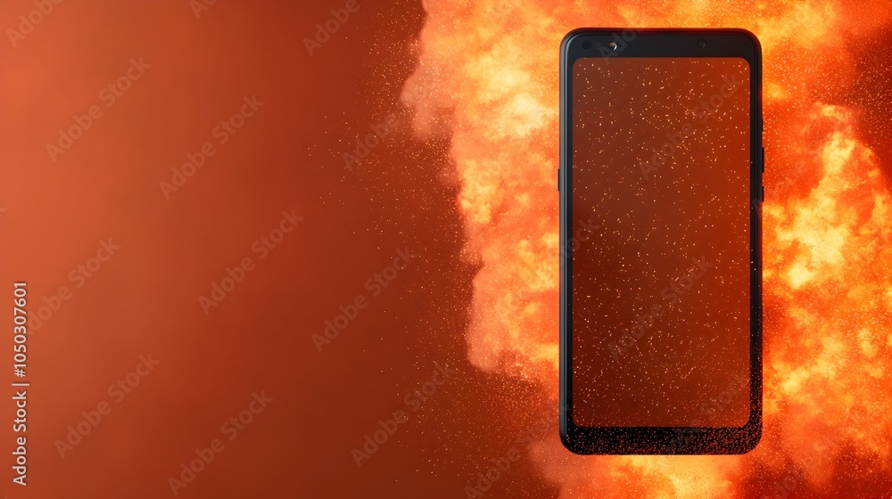 Poster Dramatic close up of a smartphone engulfed in a fiery explosion with glowing flames sparks and a dreamy digital backdrop creating a surreal technological disaster scene