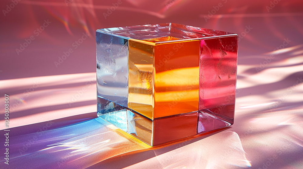 Poster a vibrant glass cube reflecting colorful light patterns in an artistic display