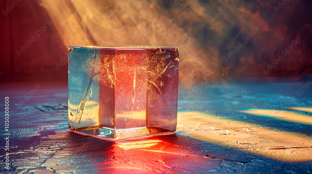 Poster a shimmering ice cube captures vibrant colors in soft light against a textured background