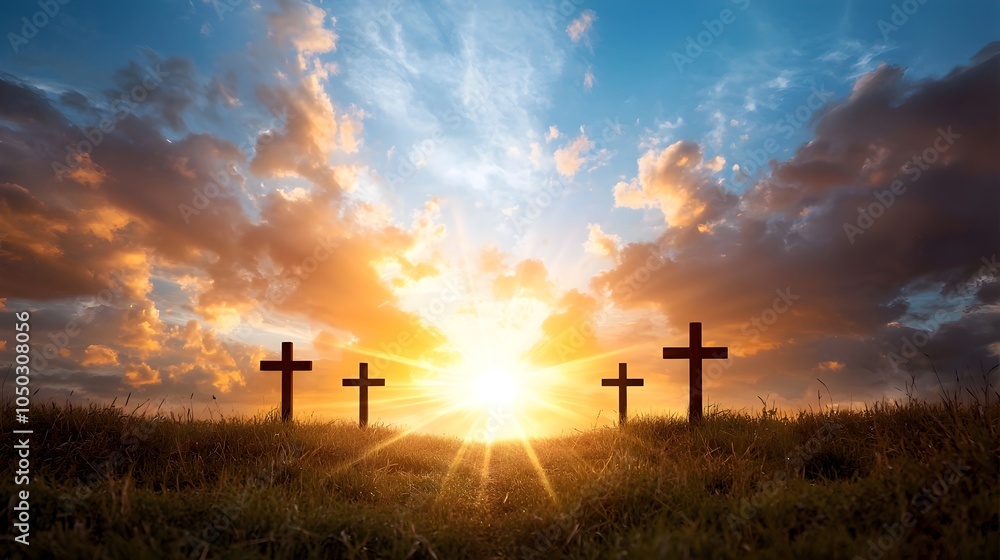 Aufkleber dramatic silhouetted crosses standing tall against a glowing cloud burst sunset sky with powerful ra