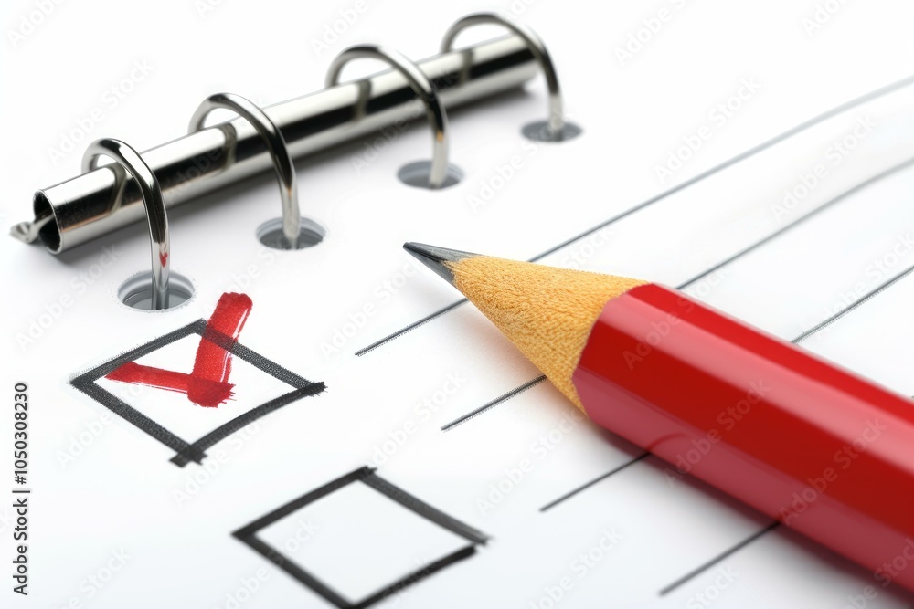 Poster red pencil is checking off a task on a checklist on a notepad