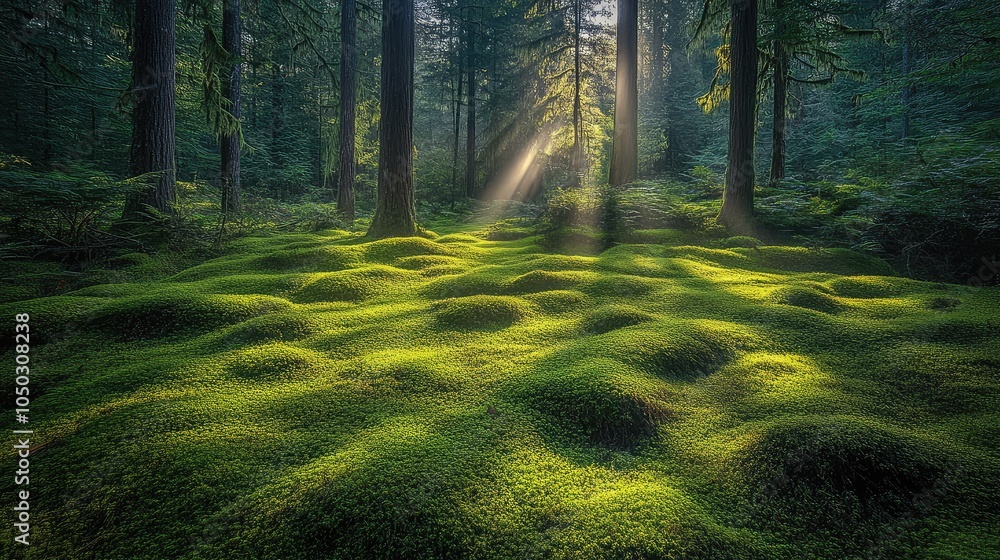 Poster A tranquil scene of a mossy forest illuminated by soft rays of sunlight, creating patterns of light and shadow on the ground