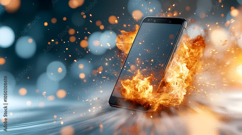 Poster Dramatic and surreal digital artwork depicting a smartphone engulfed in flames with a fiery explosion sparks scattering and a dreamy fast moving digital background with floating bokeh elements