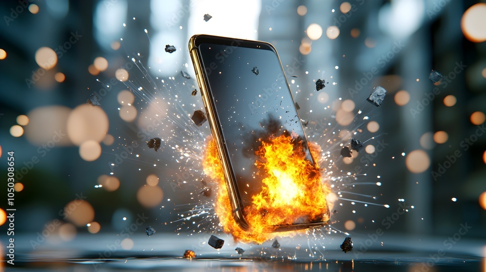 Poster smartphone engulfed in fiery explosion with scattering sparks on fast moving dynamic digital backgro
