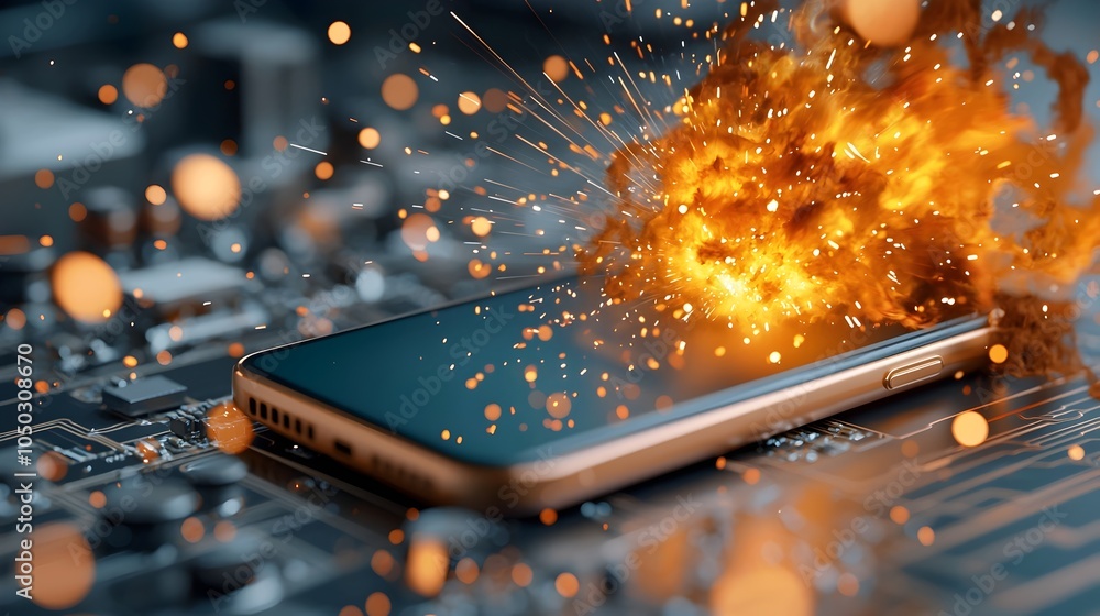 Poster Dramatic smartphone engulfed in flames with a fiery explosion scattering sparks and a fast moving blurred digital backdrop with a dreamy bokeh effect