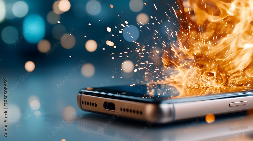 Poster Close up view of a smartphone device suddenly bursting into intense flames with sparks flying set against a dreamlike high energy digital backdrop blending with the fiery explosion