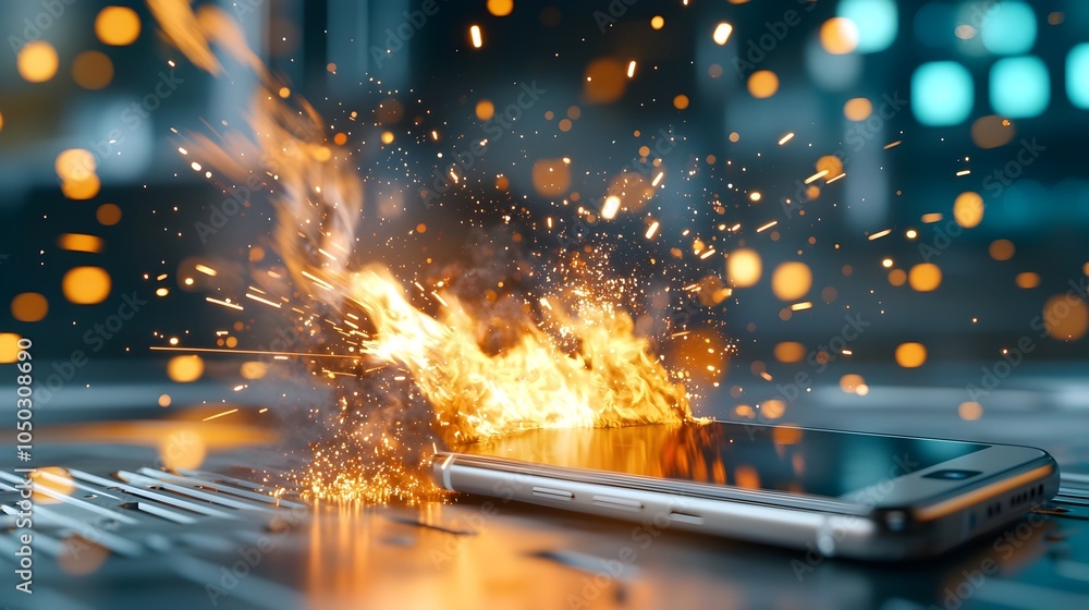 Poster dramatic close up of a smartphone bursting into flames with intense fire and sparks high energy digi