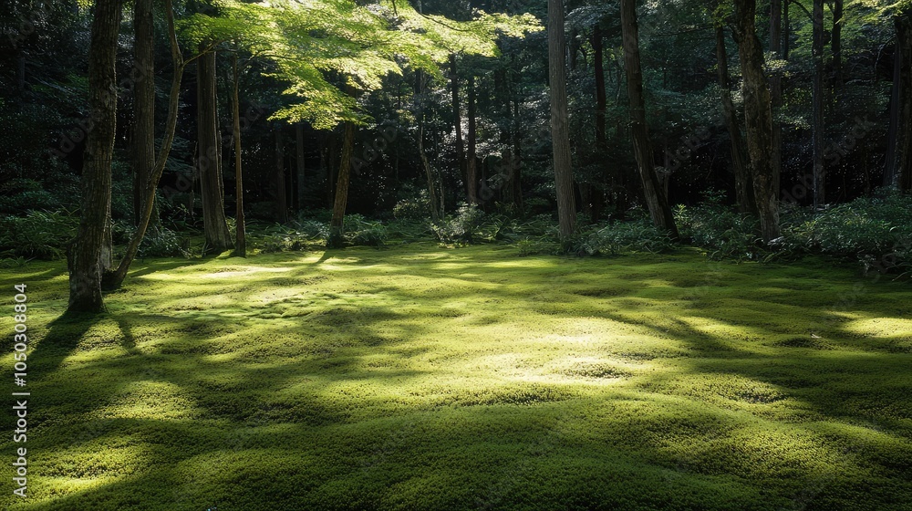 Poster a tranquil scene of a mossy forest illuminated by soft rays of sunlight, creating patterns of light 