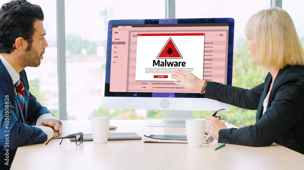 Poster cyber attacking concept. malware alert showing on computer screen display scam and threat detection 