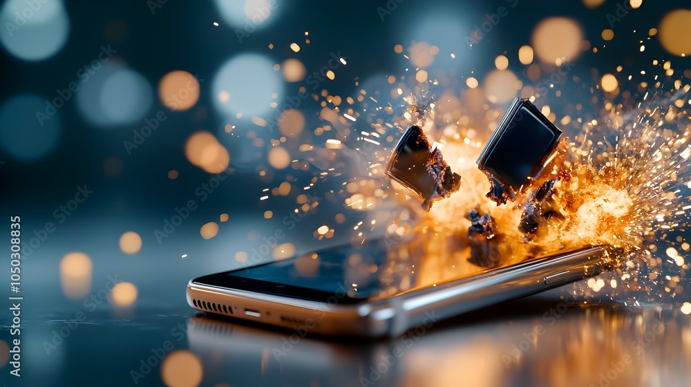 Poster Dramatic close up shot of a smartphone device breaking apart in a burst of intense flames and glowing sparks with a dreamy bokeh overlay creating a dynamic and abstract digital scene