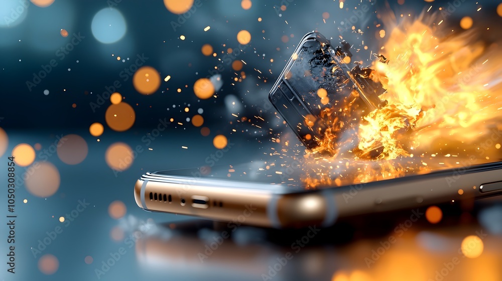 Fototapete close up shot of a smartphone breaking apart in intense flames with a dynamic burst of glowing spark