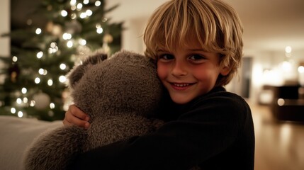 A child hugging a large stuffed animal they just received for Christmas, smiling with joy, the tree glowing softly in the background.