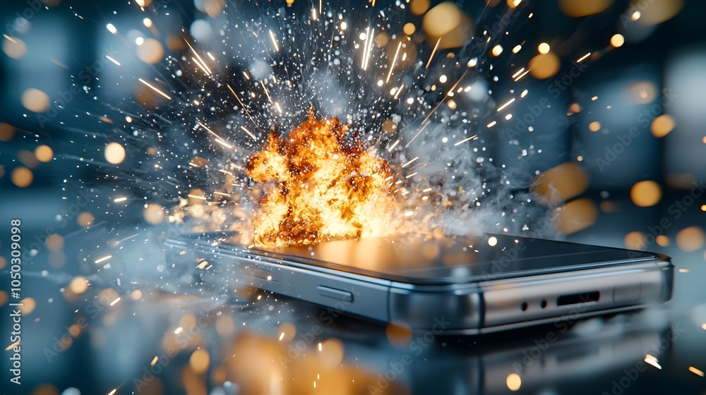 Aufkleber dramatic close up of a smartphone device erupting in flames with sparks shooting out against a fast 