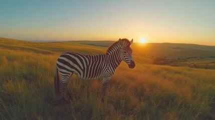 Naklejka premium A zebra stands in a field at sunset, looking towards the horizon.
