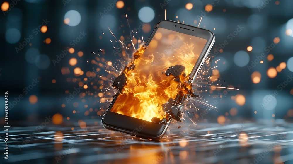 Poster dramatic image of a smartphone breaking apart in a burst of intense flames and sparks with a dreamy 