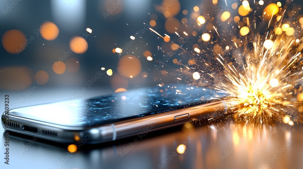 Poster Fiery explosion of a smartphone in close up with glowing sparks flying through the air mixing with a dreamy bokeh filled digital landscape for a surreal futuristic and effect