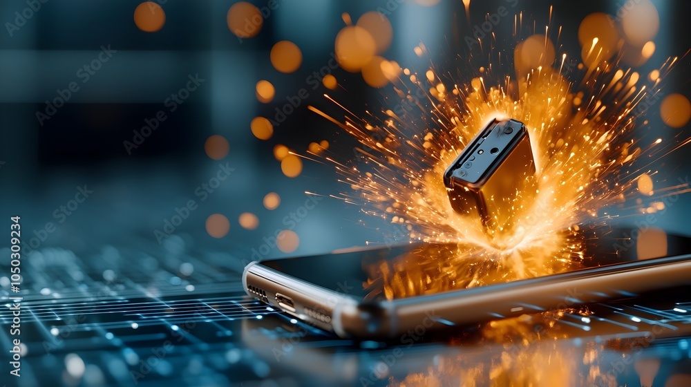 Leinwandbilder smartphone breaking apart in a fiery digital burst with dreamy bokeh background intense flames spark