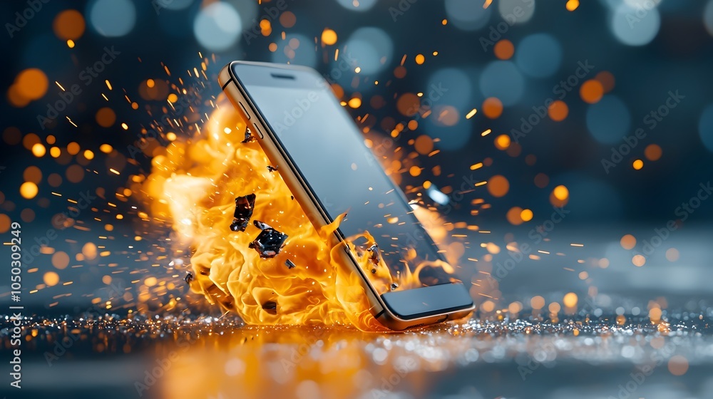 Poster smartphone disintegrating in a dramatic burst of digital flames and pulsing energy with a dreamy lay