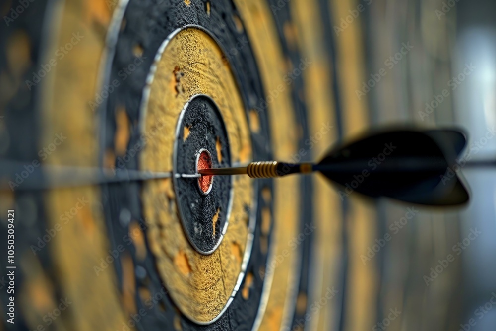 Poster dart is hitting the very center of an old target, showing high precision and accuracy