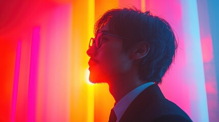 Silhouette of a person in glasses against vibrant neon lights, creating a colorful and futuristic ambiance with a strong profile view.