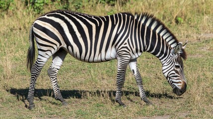 Naklejka premium A zebra with black and white stripes walks on grassy ground.