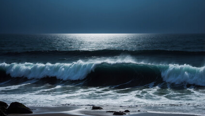 A large wave crashes on the shore under a dark, moonlit sky.