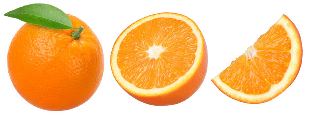 Orange fruit with leaves, half and slices isolated, Orange fruit macro studio photo, transparent...