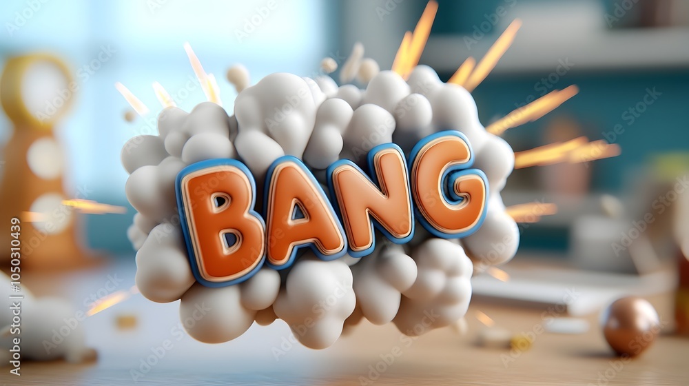 Poster Powerful and Dynamic Comic Style Explosion Featuring Bold 3D Bang Text in the Center with Vibrant Colors Fiery Bursts and Sharp Motion Lines Radiating Outward for a High Energy Dramatic Visual Effect