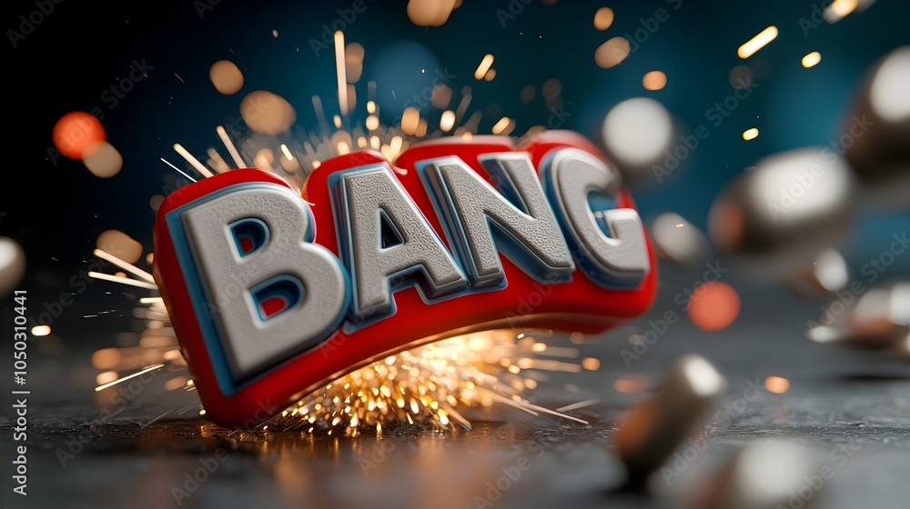 Poster Dramatic and bold 3D text in a comic book style with close up view showcasing explosive flames sparks and dynamic motion lines that enhance the energy and intensity of the scene