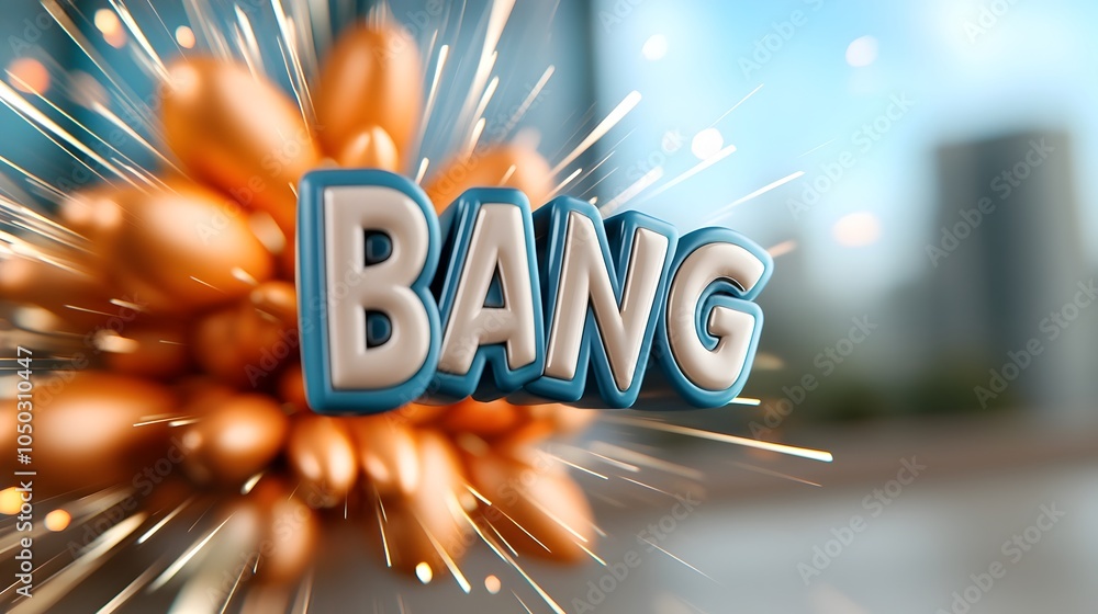 Poster vibrant 3d comic explosion featuring bold striking 3d bang text in the center with fiery bursts and 