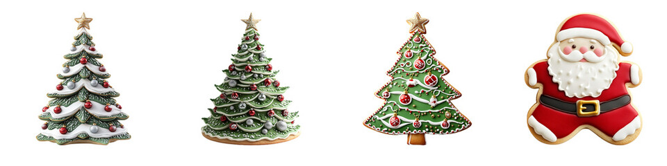Naklejka premium Festive Christmas treats featuring decorated cookies shaped like trees and Santa. Perfect for holiday celebrations and festive gatherings.
