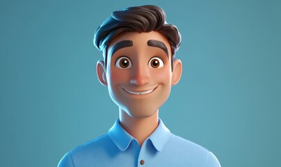 3D Cartoon Character of Smiling Adult Man in Blue Shirt, Friendly Male Portrait, Positive Human Expression Concept, Light Background, Generative AI