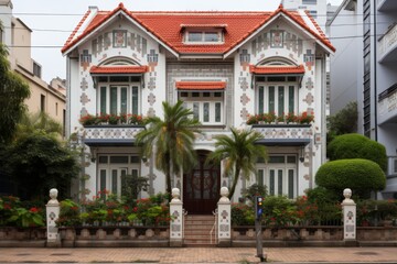 Charming house facade featuring gray walls, white accents, red tiled roof, and lush tropical garden