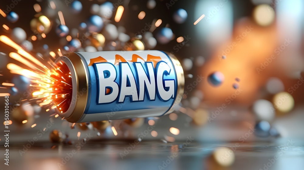 Poster dramatic and energetic 3d text artwork depicting the word bang in a bold comic style explosion with 