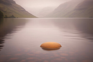 Serene Stillness: A solitary, smooth, orange stone rests gently on the surface of a calm lake, mirroring the majestic mountains in the misty distance.  This image evokes tranquility and contemplation.