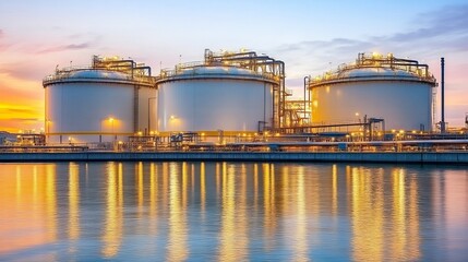 Obraz premium Workers silhouetted against a vibrant sunset reflect on the vast scale and human dedication required in industrial fuel storage facilities.