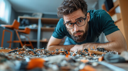 person looking at mess on floor, their expression showing concern and surprise. scene captures chaos and disarray in room, evoking sense of urgency