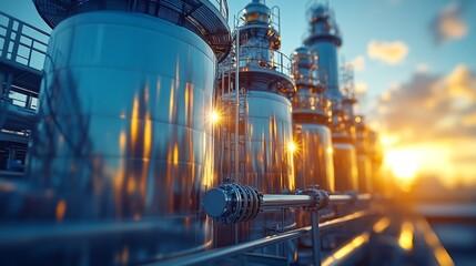 Sunlight reflects off the polished metal of distillation columns, capturing the sleek design and precision of fuel refining infrastructure.