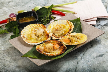 Griiled scallops in shell with cheese