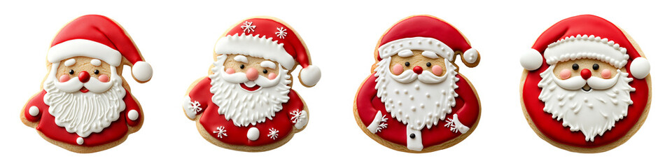 Four festive Santa Claus-themed gingerbread cookies, beautifully decorated with red and white icing, perfect for Christmas celebrations.