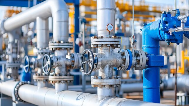 A detailed close-up of pipelines at a gas refinery, showing the organized network essential for controlled and efficient fuel transport.