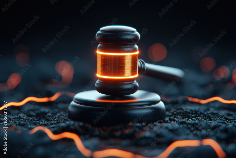Poster striking artistic image of gavel illuminated with glowing lines, symbolizing justice and authority. 