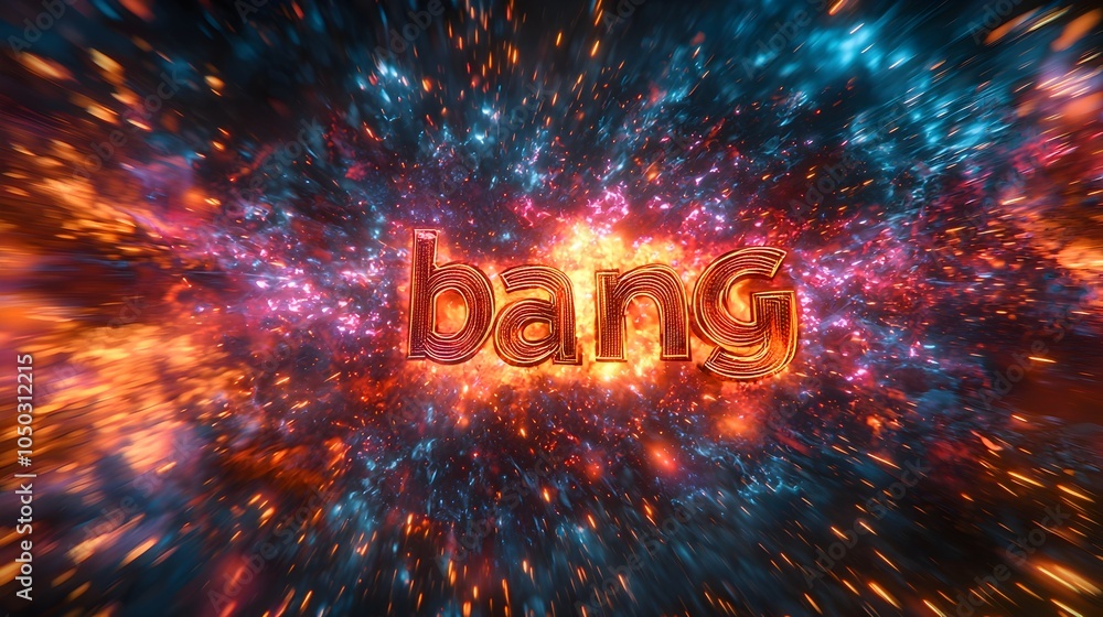 Poster Powerful 3D Text  Bang  Emerging from a Fiery Comic Style Explosion with Vibrant Colorful Motion Lines Creating an Intense Dynamic Action Scene
