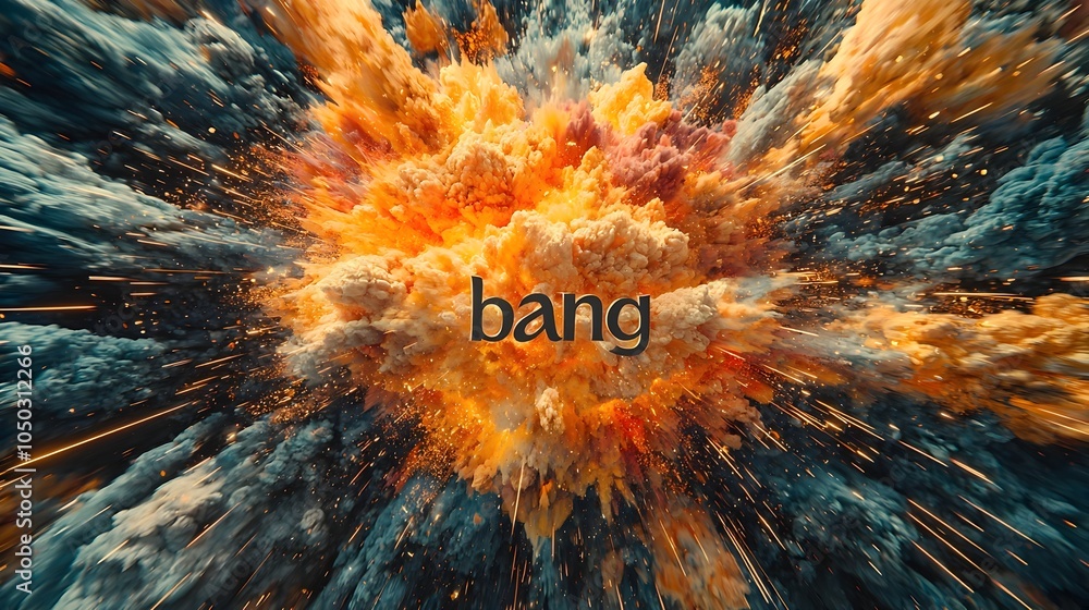 Poster closeup of bold 3d text saying bang surrounded by a vibrant comic book style explosion with bright c