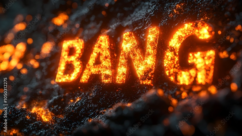 Poster explosive 3d text bang in the middle of a dynamic fiery comic book style explosion with vibrant moti