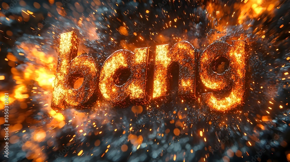 Poster Captivating close up of a 3D bang text with a colorful explosion fire smoke and sharp lines bursting out in a high energy dynamic scene